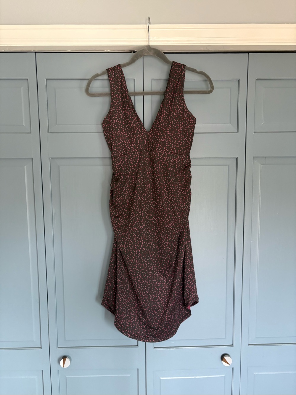 Prana Brown Sleeveless V-Neck Midi Dress with Pink Dot Print